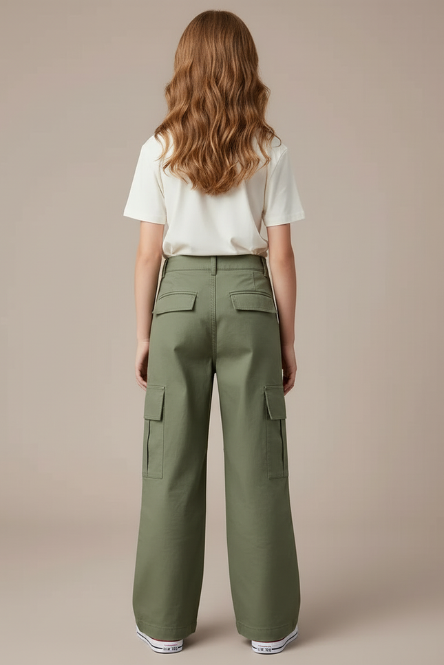 Pantalon Cargo Vert Ample Multipoches Enfant Fille - Kaki Toile - vue 2