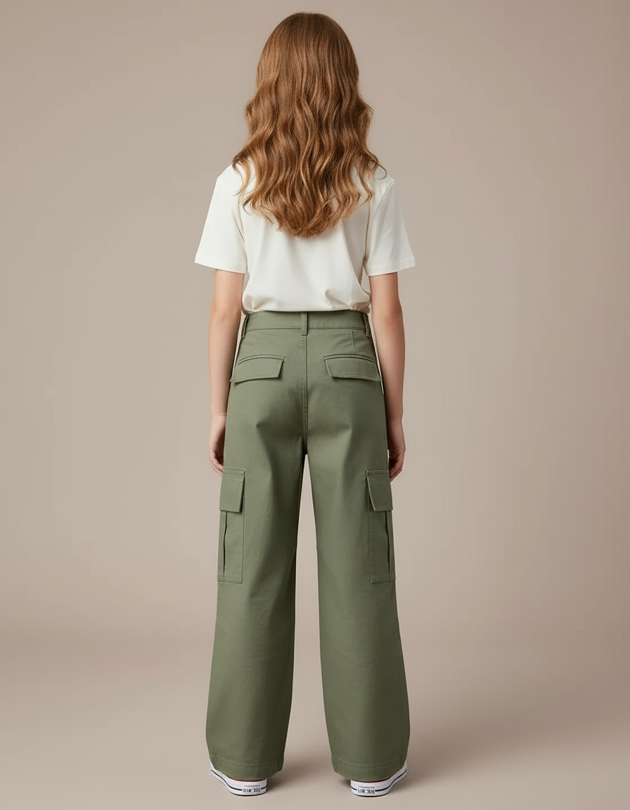 Pantalon Cargo Vert Ample Multipoches Enfant Fille - Kaki Toile - vue 2