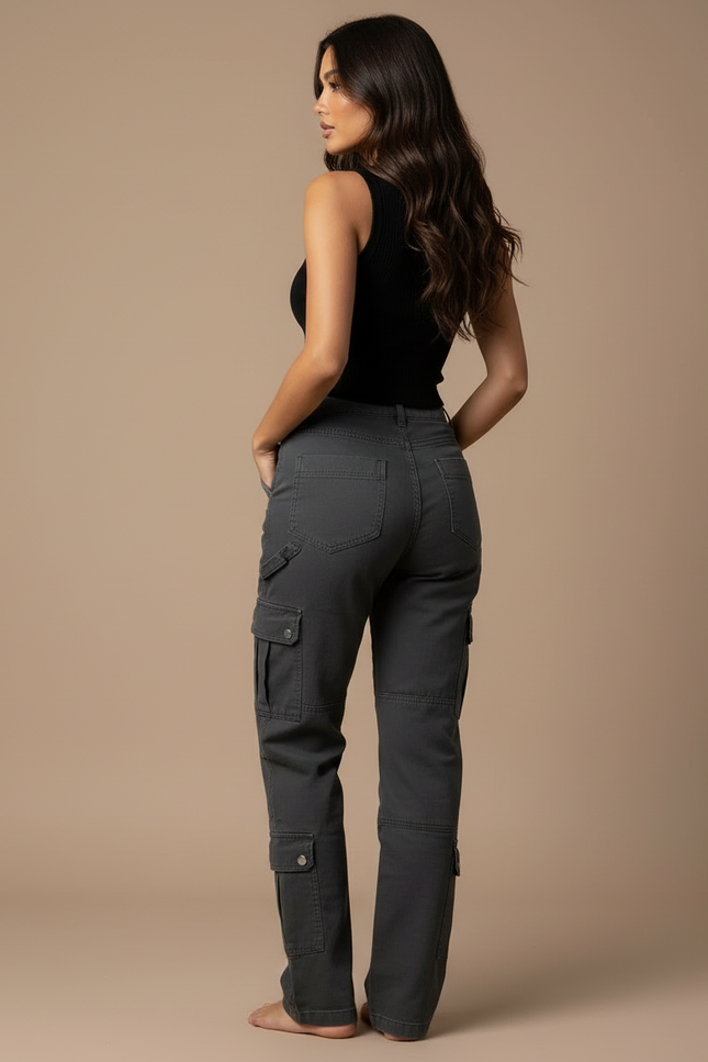 Pantalon Cargo Gris Femme Ample Taille Haute - Toile - vue 2