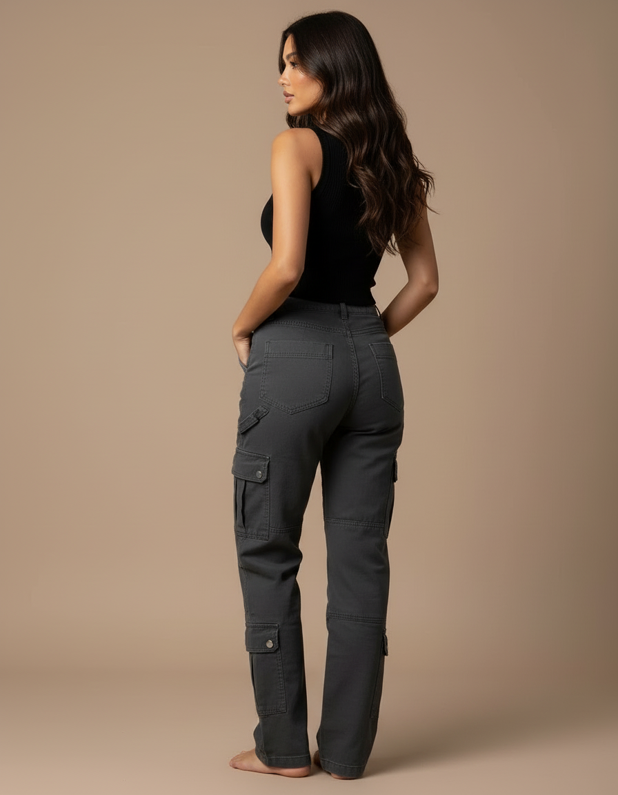 Pantalon Cargo Gris Femme Ample Taille Haute - Toile - vue 2