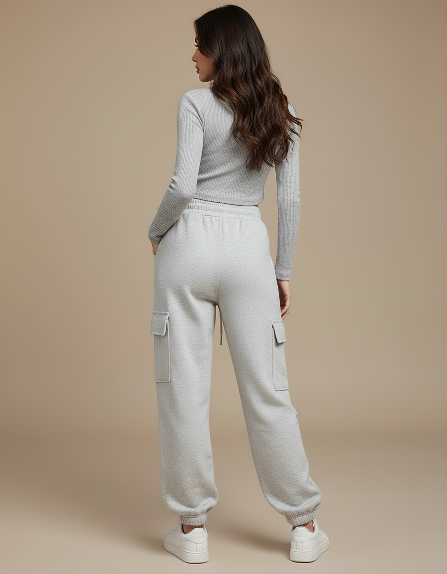 Pantalon Cargo Gris Ample Molletonné Multipoches Décontracté - vue 2