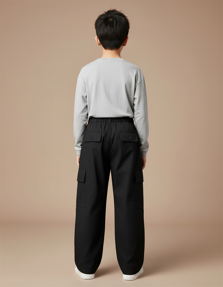 Pantalon Cargo Noir Ample Garçon Décontracté Multipoches - Toile - vue 2