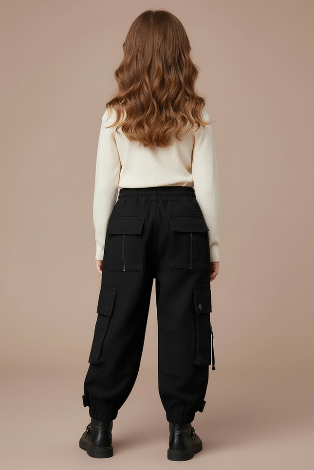 Pantalon Cargo Noir Décontracté Multipoches Enfant Fille - Molleton - vue 2