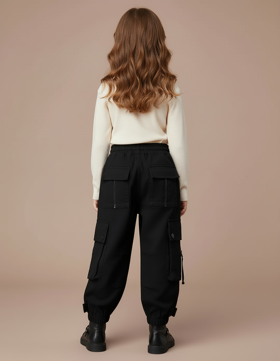 Pantalon Cargo Noir Décontracté Multipoches Enfant Fille - Molleton - vue 2