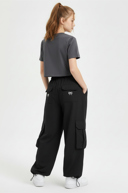 Pantalon Cargo Noir Ample Brodé Multipoches Enfant - Polyester - vue 2