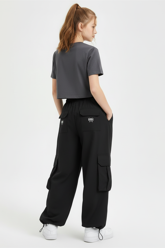 Pantalon Cargo Noir Ample Brodé Multipoches Enfant - Polyester - vue 2