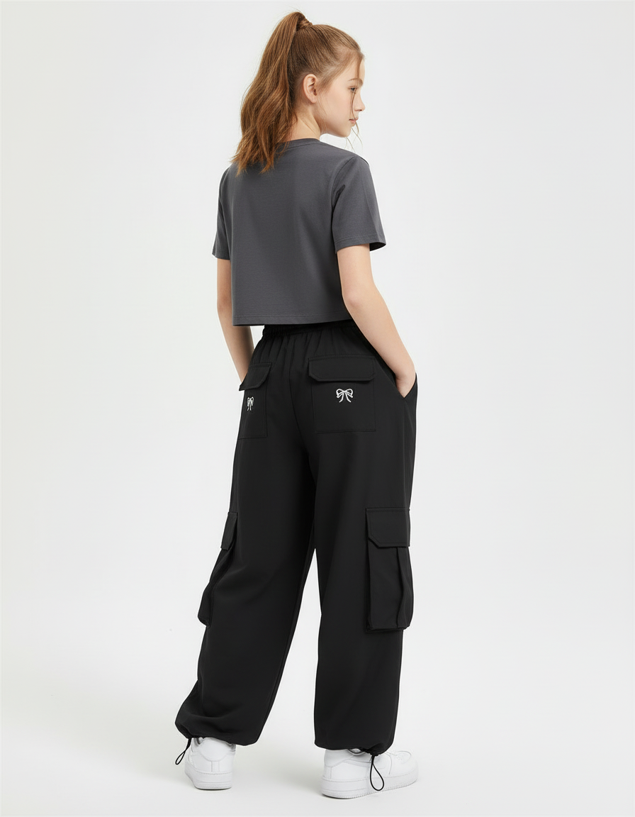 Pantalon Cargo Noir Ample Brodé Multipoches Enfant - Polyester - vue 2