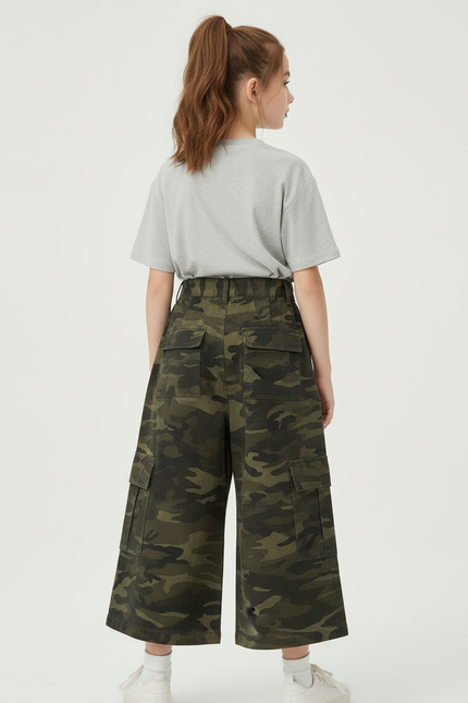 Pantalon Cargo Fille Kaki Large - Imprimé Toile - vue 2