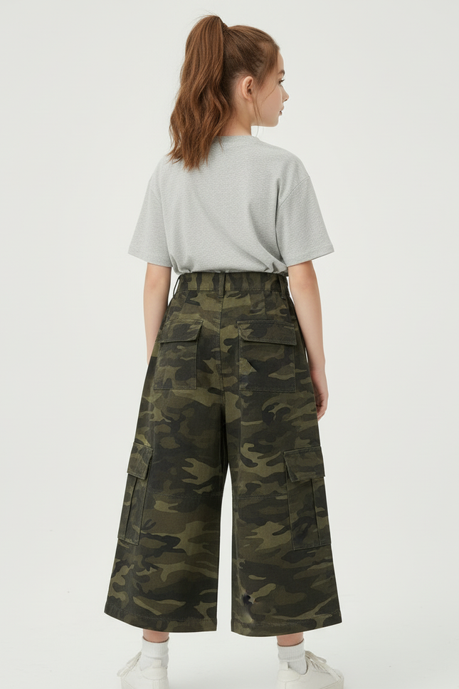 Pantalon Cargo Fille Kaki Large - Imprimé Toile - vue 2