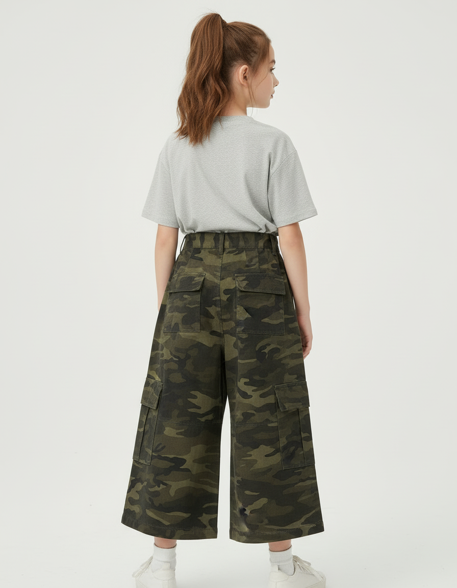 Pantalon Cargo Fille Kaki Large - Imprimé Toile - vue 2