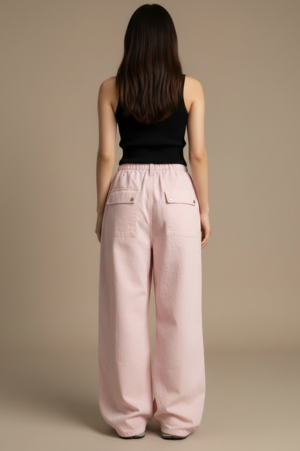 Pantalon Cargo Rose Ample Poches Vintage Femme - Toile - vue 2