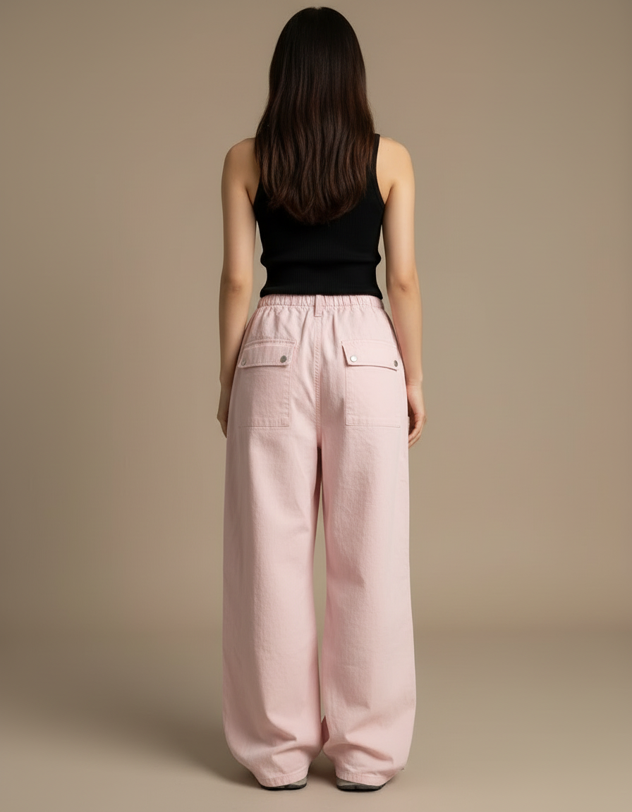 Pantalon Cargo Rose Ample Poches Vintage Femme - Toile - vue 2