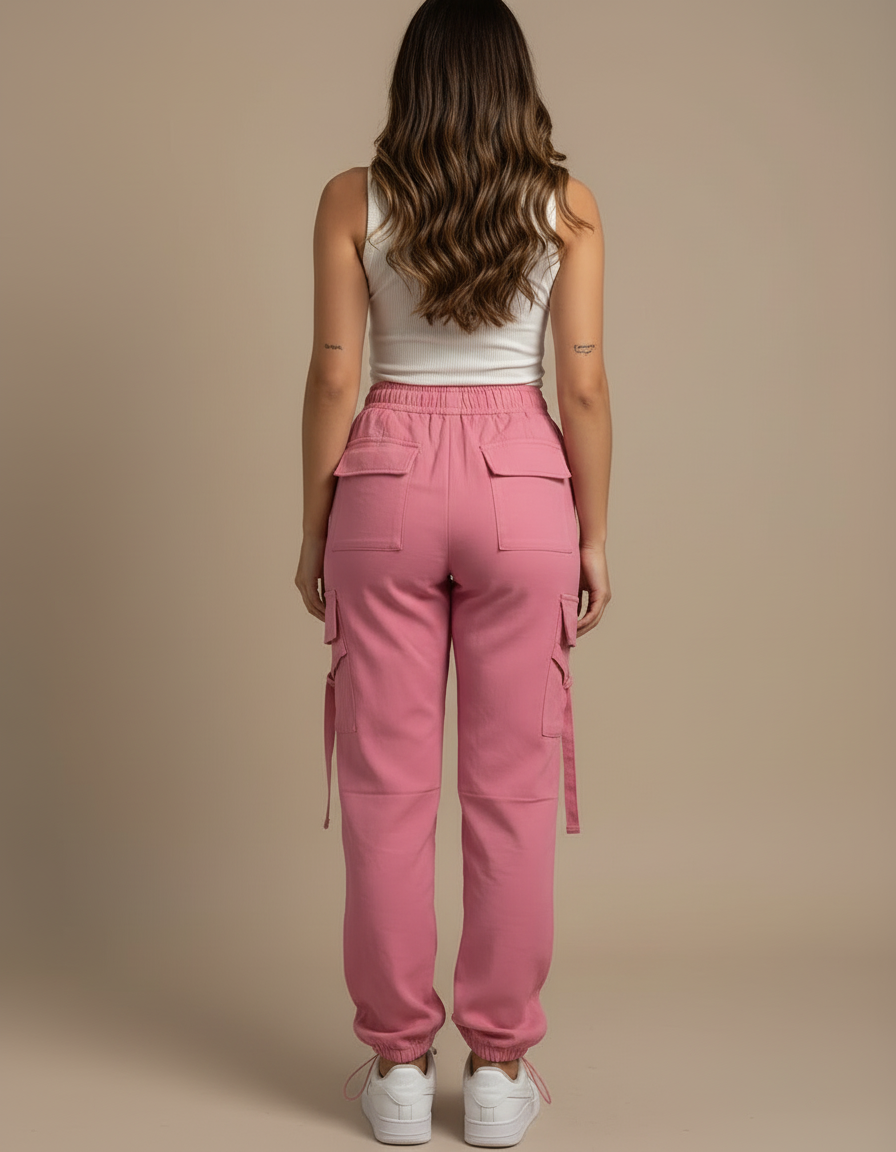 Pantalon Cargo Rose Élastiqué Multipoches Femme - Toile - vue 2