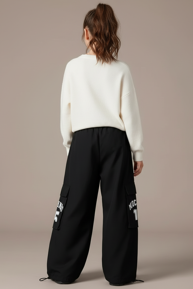 Pantalon Cargo Noir Ample Rayures Blanches Imprimé - Polyester - vue 2