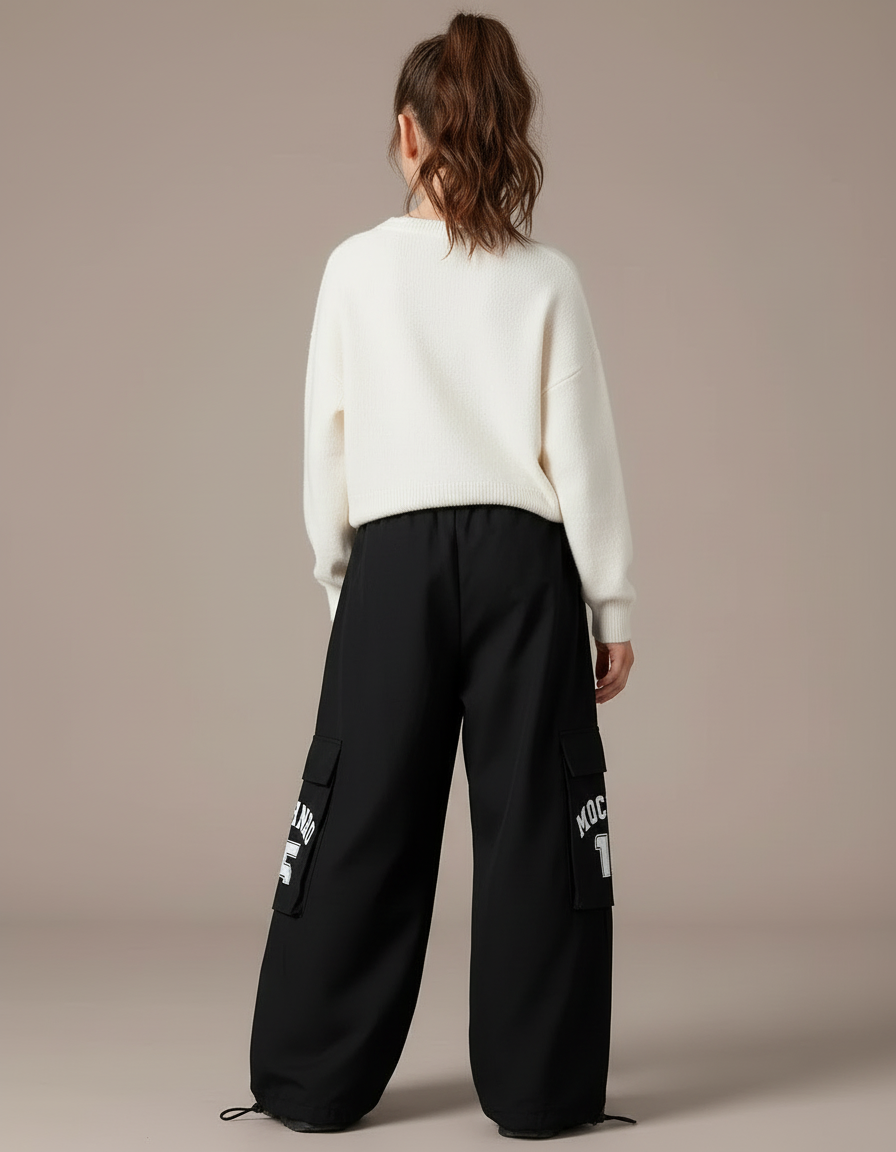 Pantalon Cargo Noir Ample Rayures Blanches Imprimé - Polyester - vue 2