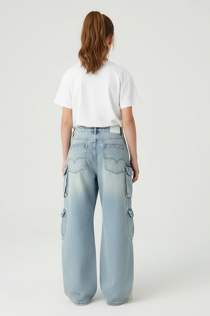 Pantalon Cargo Ample Jean Délavé Multipoches Fille - Bleu - vue 2