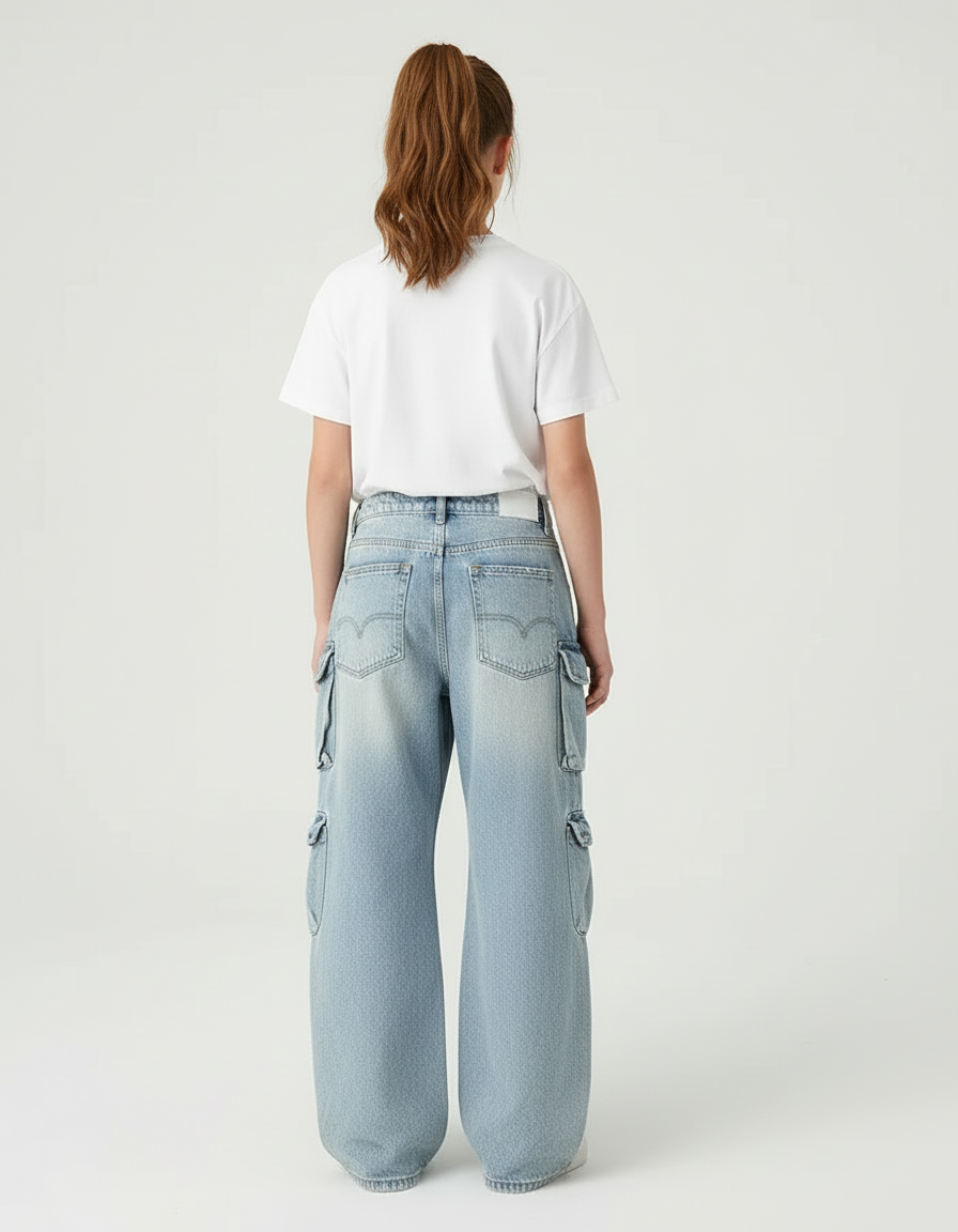Pantalon Cargo Ample Jean Délavé Multipoches Fille - Bleu - vue 2