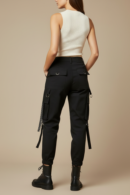 Pantalon Cargo Noir Ample Tendance Décontracté Femme - Toile - vue 2