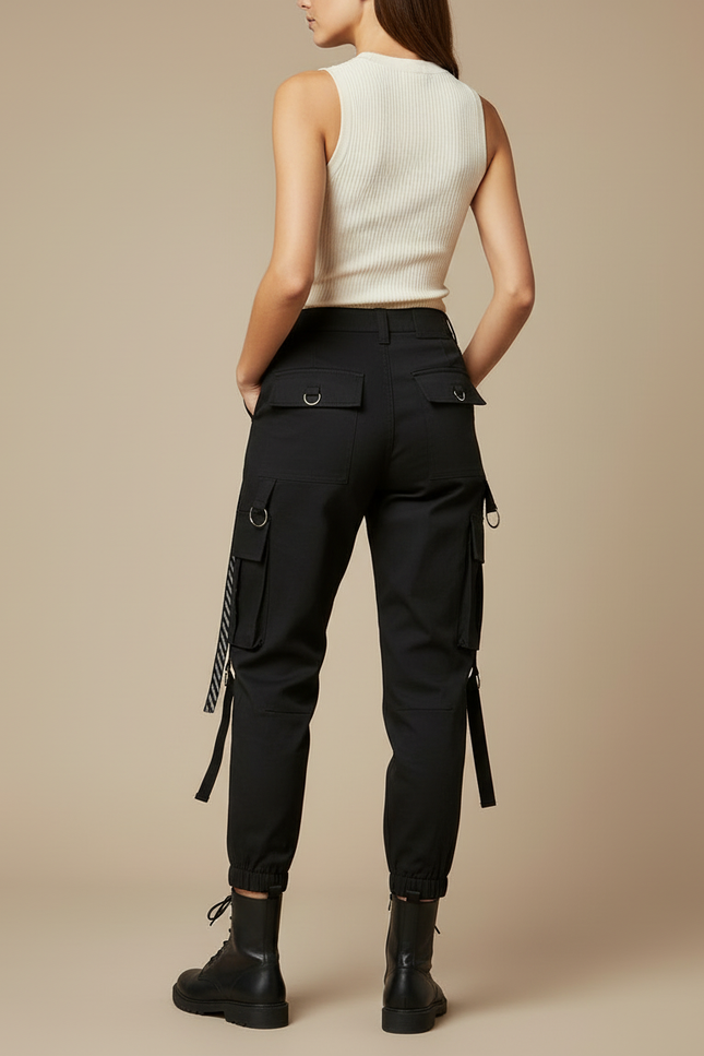 Pantalon Cargo Noir Ample Tendance Décontracté Femme - Toile - vue 2