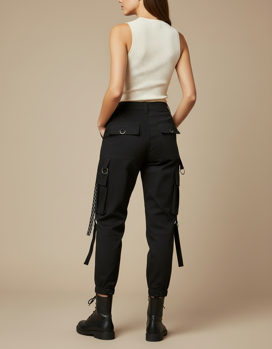 Pantalon Cargo Noir Ample Tendance Décontracté Femme - Toile - vue 2