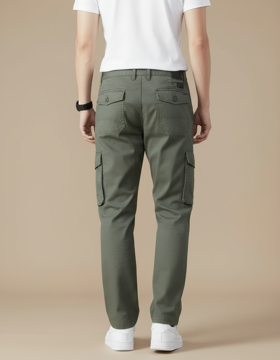 Pantalon Cargo Vert Olive Coton Ample Multipoches - Kaki Toile - vue 2