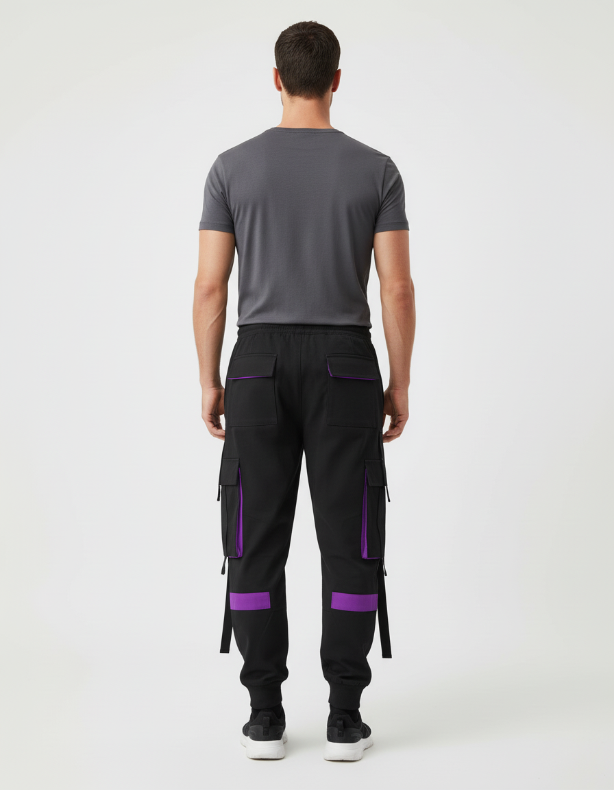 Pantalon Cargo Noir Violet Streetwear Multi-Poches Homme - Polyester - vue 2
