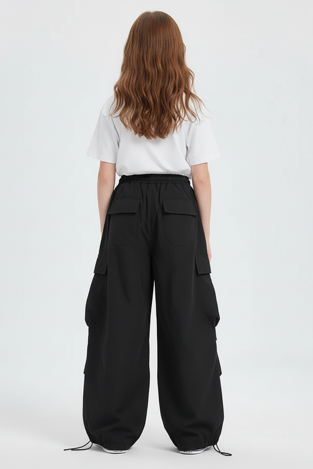 Pantalon Cargo Noir Ample Large Fille - Polyester - vue 2