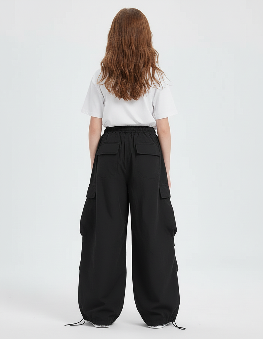 Pantalon Cargo Noir Ample Large Fille - Polyester - vue 2