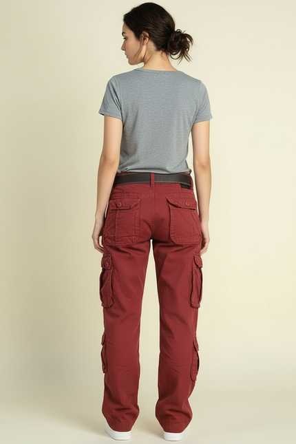 Pantalon Cargo Rouge Brique Ample Multipoches Décontracté - Bordeaux Coton - vue 2