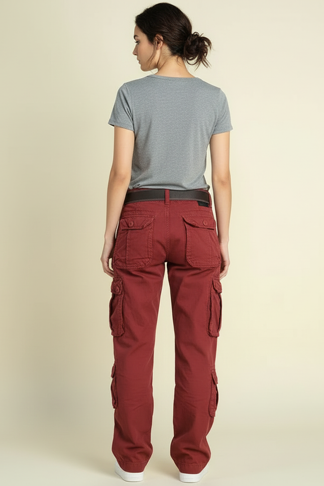 Pantalon Cargo Rouge Brique Ample Multipoches Décontracté - Bordeaux Coton - vue 2