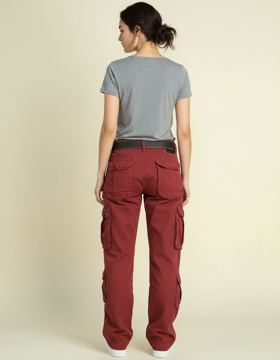 Pantalon Cargo Rouge Brique Ample Multipoches Décontracté - Bordeaux Coton - vue 2
