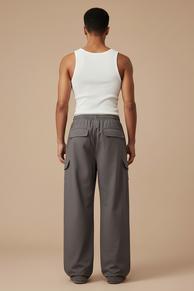 Pantalon Cargo Gris Ample Coton Multipoches Décontracté - Toile - vue 2