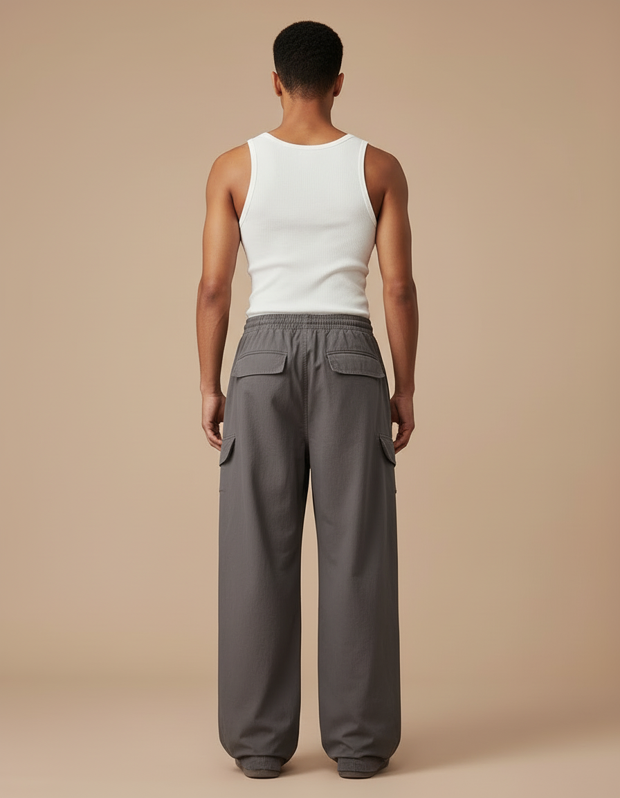 Pantalon Cargo Gris Ample Coton Multipoches Décontracté - Toile - vue 2