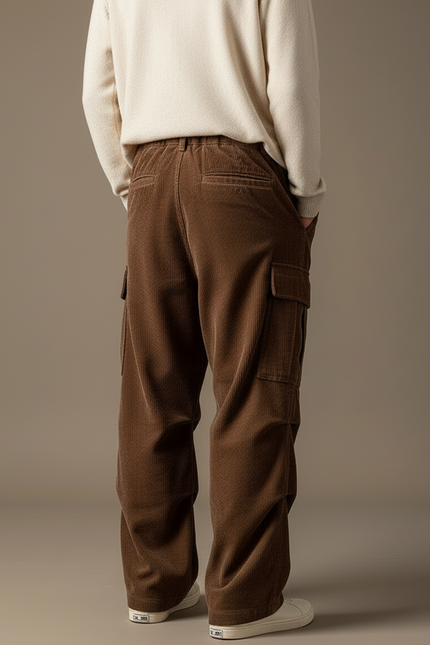 Pantalon Cargo Marron Velours Côtelé Ample Cordon - Cordé - vue 2