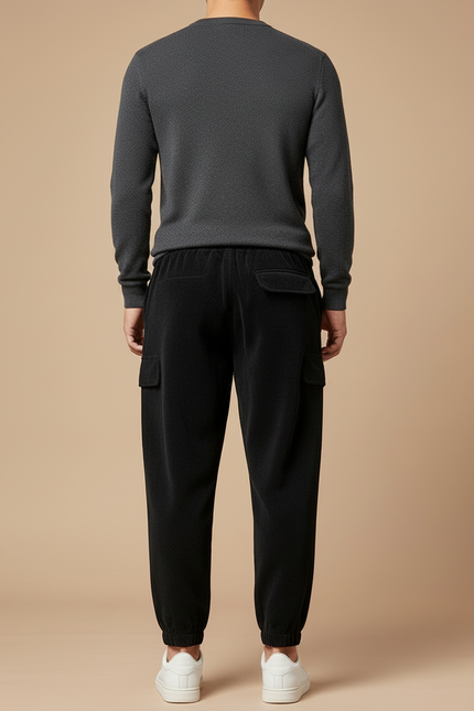 Pantalon Cargo Noir Velours Côtelé Ample Polaire - Cordé - vue 2