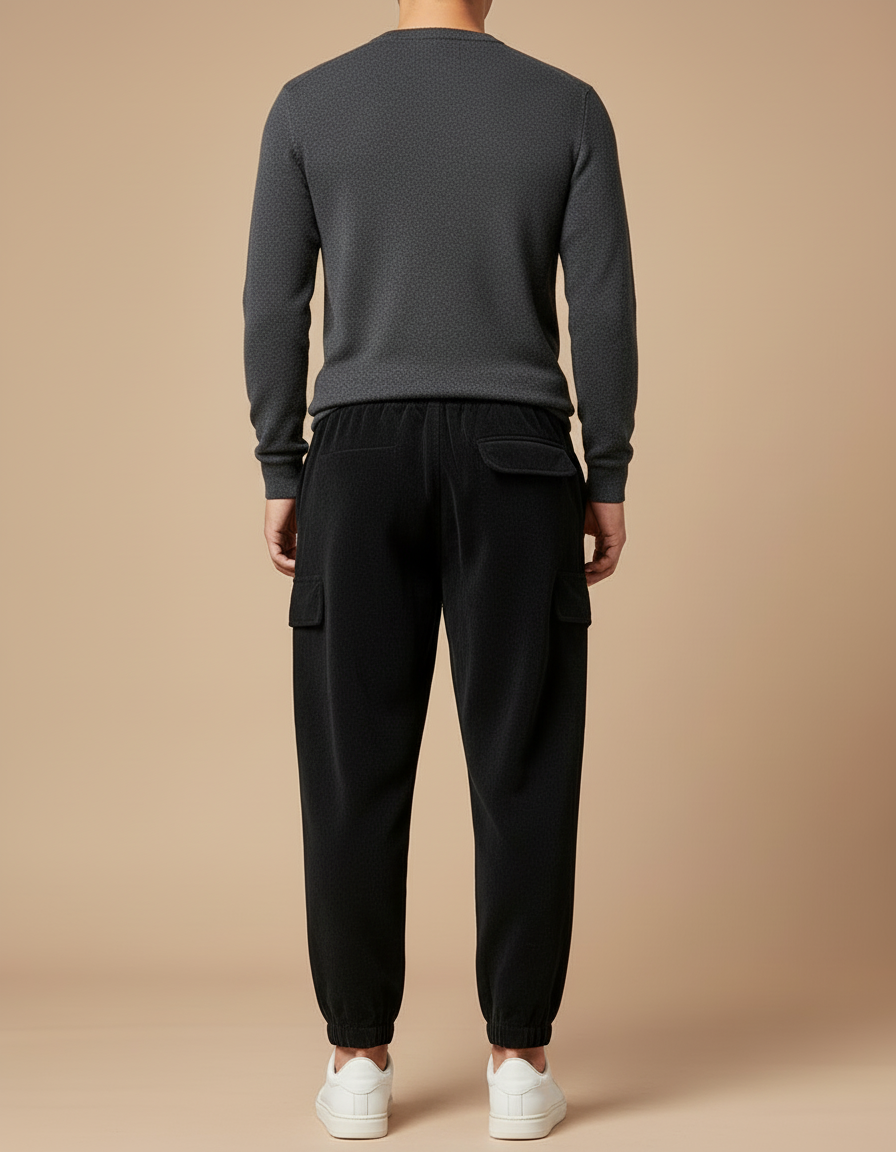 Pantalon Cargo Noir Velours Côtelé Ample Polaire - Cordé - vue 2