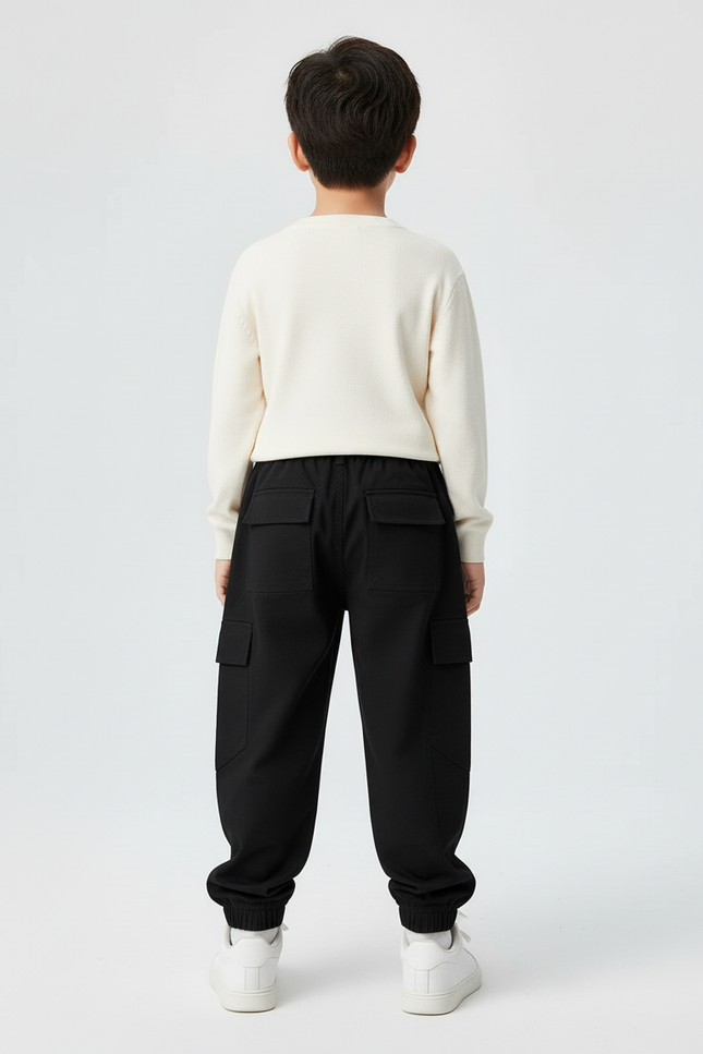 Pantalon Cargo Noir Ample Coton Garçon Poches - vue 2
