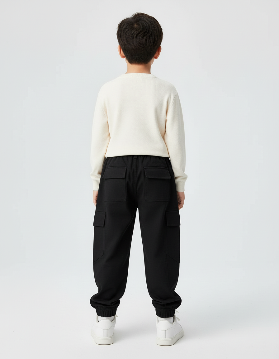Pantalon Cargo Noir Ample Coton Garçon Poches - vue 2