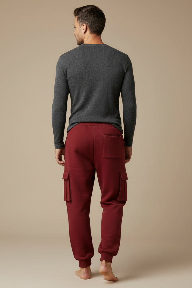 Pantalon Cargo Rouge Molleton Ample Multipoches Homme - Bordeaux - vue 2