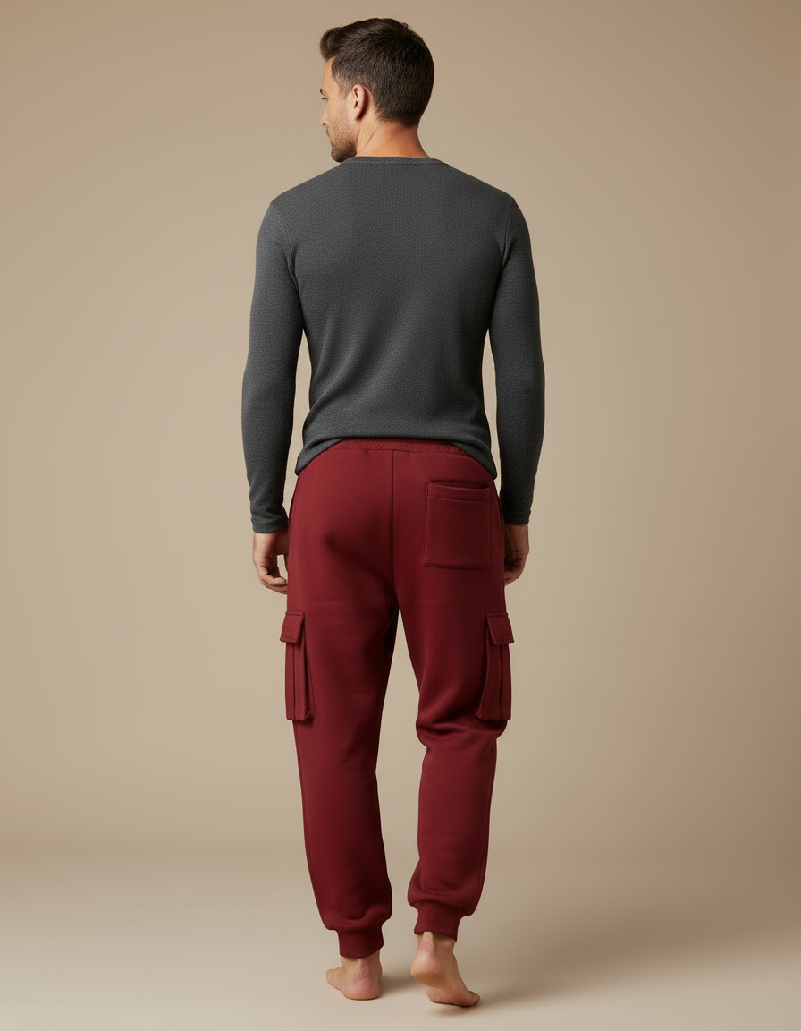 Pantalon Cargo Rouge Molleton Ample Multipoches Homme - Bordeaux - vue 2