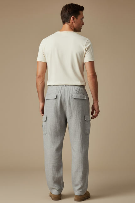 Pantalon Cargo Gris Lin Ample Décontracté Homme - vue 2