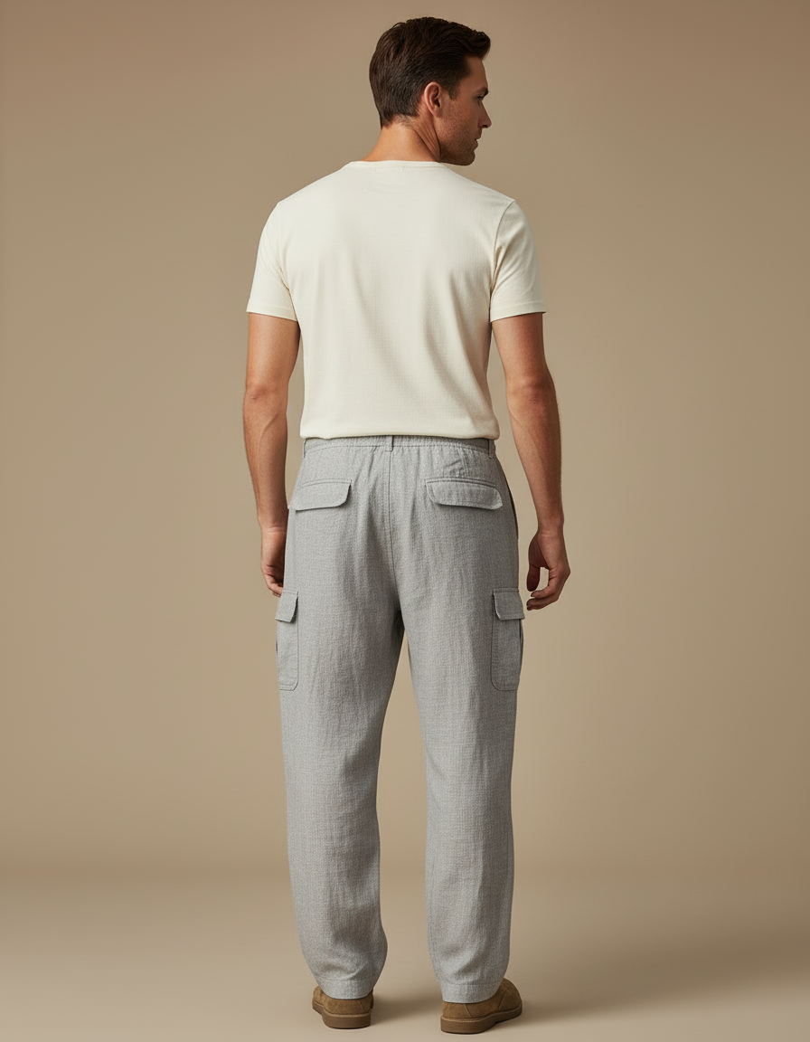 Pantalon Cargo Gris Lin Ample Décontracté Homme - vue 2