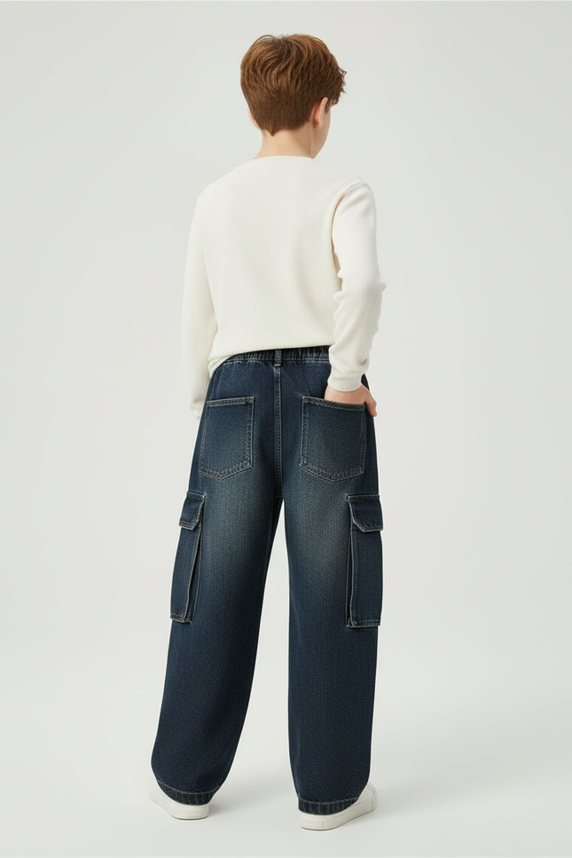 Pantalon Cargo Denim Ample Garçon Multipoches Décontracté - Bleu Jean - vue 2