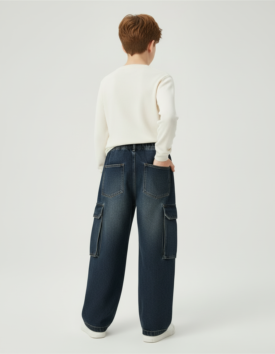 Pantalon Cargo Denim Ample Garçon Multipoches Décontracté - Bleu Jean - vue 2