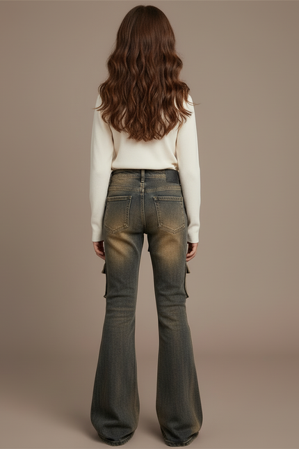 Pantalon Cargo Jean Délavé Évasé Multipoches Enfant - Kaki - vue 2