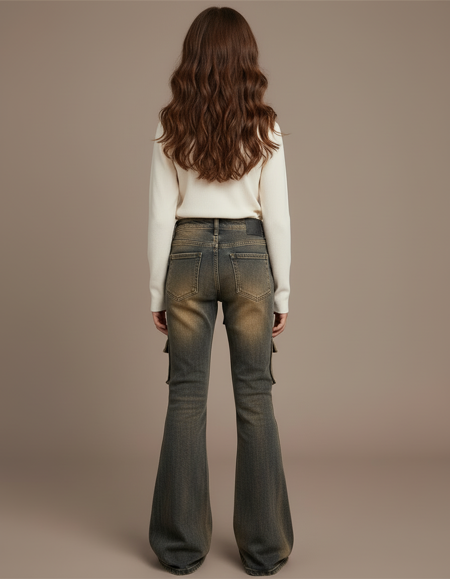Pantalon Cargo Jean Délavé Évasé Multipoches Enfant - Kaki - vue 2