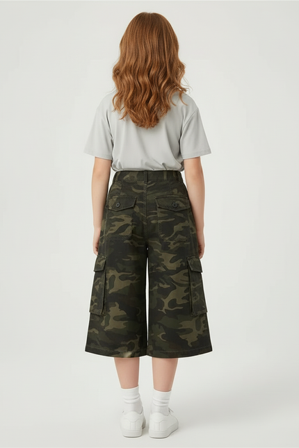 Pantalon Cargo Camouflage Ample Brodé Fille Décontracté - Kaki Toile - vue 2