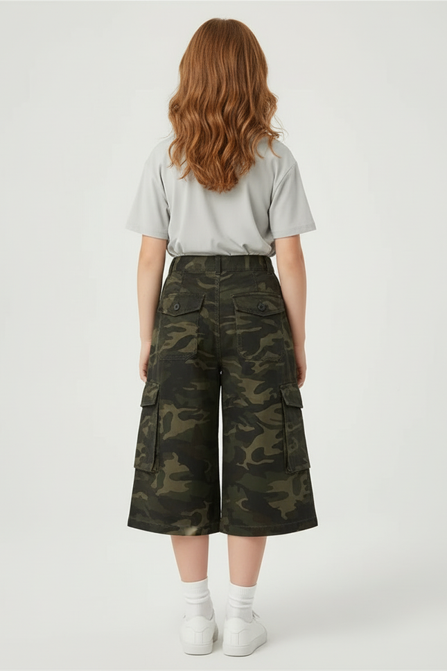 Pantalon Cargo Camouflage Ample Brodé Fille Décontracté - Kaki Toile - vue 2