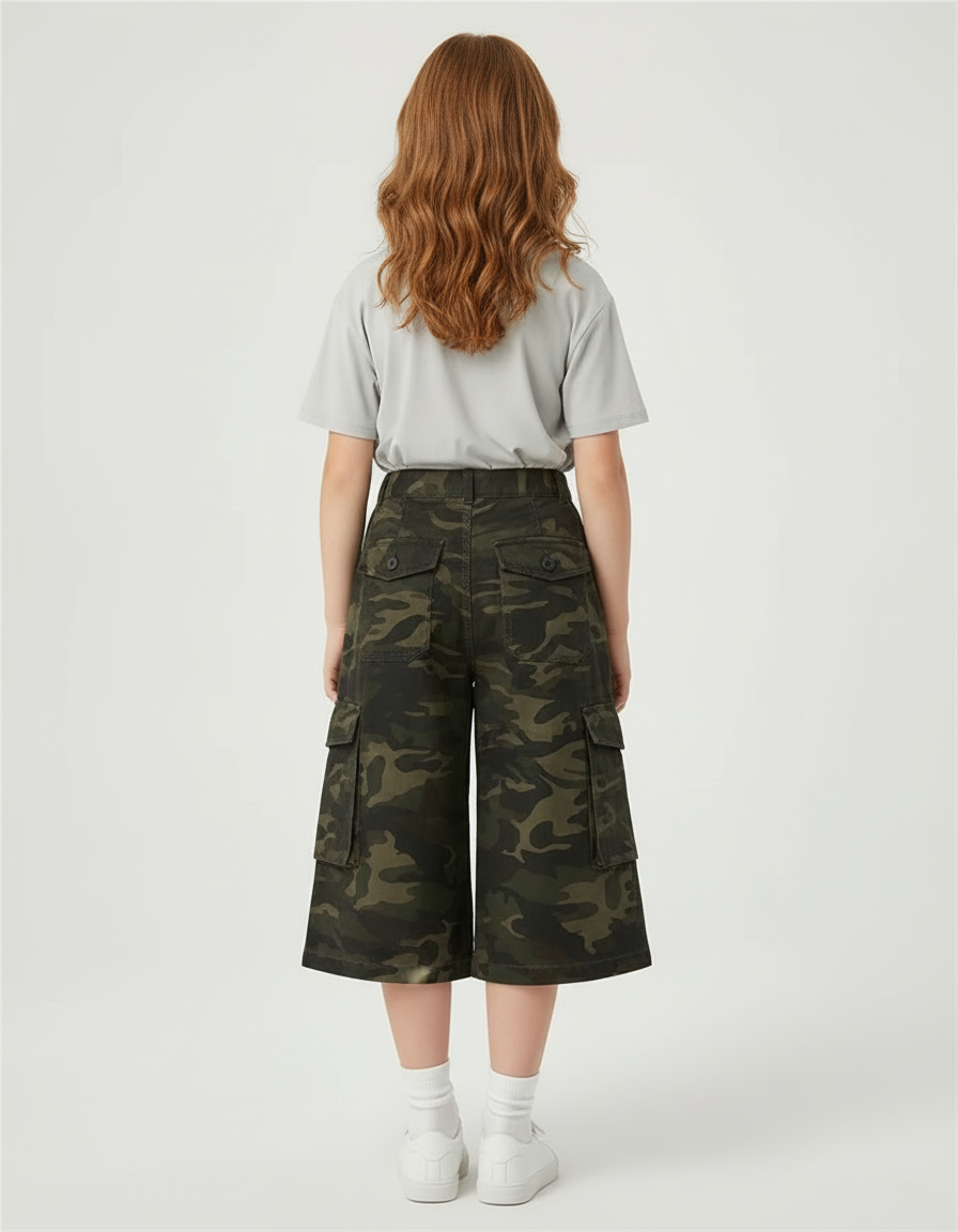Pantalon Cargo Camouflage Ample Brodé Fille Décontracté - Kaki Toile - vue 2
