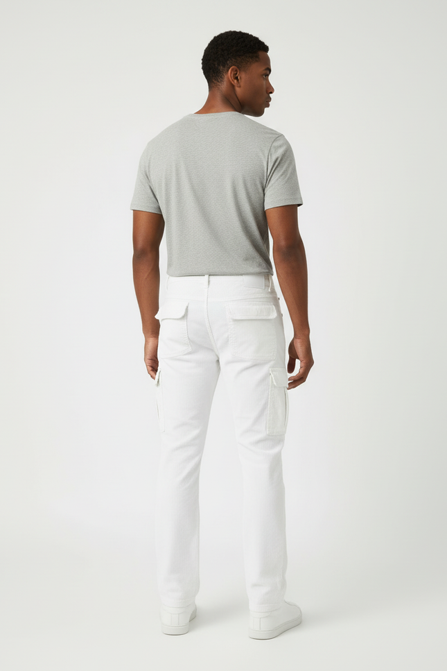 Pantalon Cargo Blanc Côtelé Slim Poches Multiples Homme - Cordé - vue 2